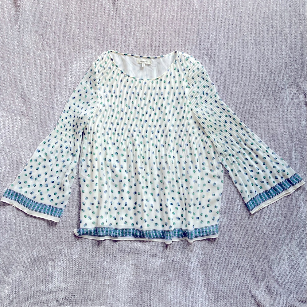 Pleated blouse with blue and green circles polka dot pattern, bohemian, size‎ M